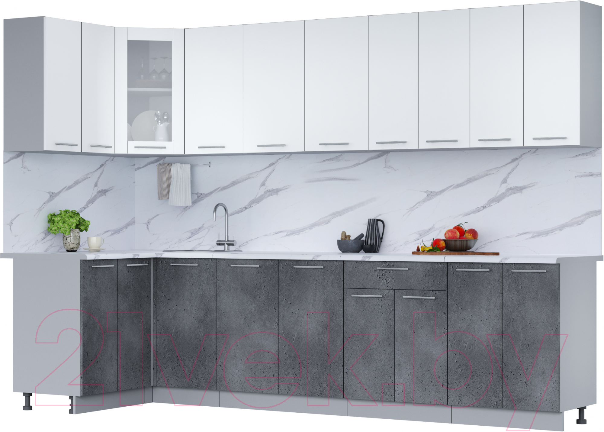 Кухонный гарнитур Interline Мила 12x30 (белый платинум/бетон портленд/белый гранит)