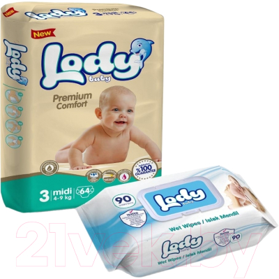 Подгузники детские Lody Baby Midi 4-9кг Jumbo+Влажные салфетки Sensitive (64шт+90шт)