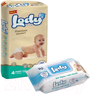 Подгузники детские Lody Baby Maxi 7-18кг Jumbo+Влажные салфетки Sensitive (56шт+90шт)