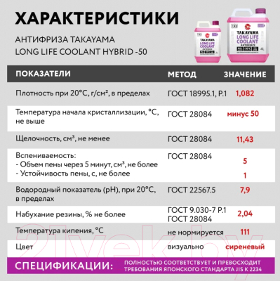 Антифриз Takayama Long Life Coolant Hybrid -50 / 700506 (4л, сиреневый)