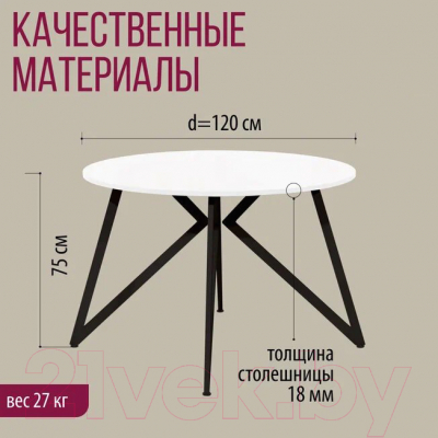 Обеденный стол Millwood Женева Л18 D120 (белый/металл черный)
