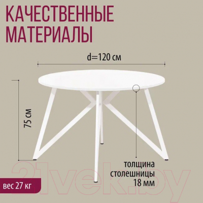 Обеденный стол Millwood Женева Л18 D120 (белый/металл белый)