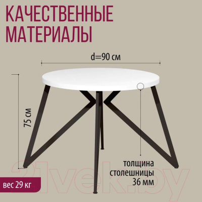 Обеденный стол Millwood Женева Л D90 (белый/металл черный)