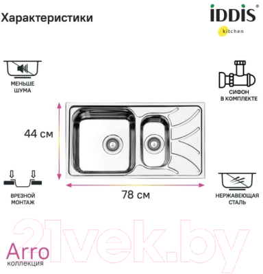 Мойка кухонная IDDIS Arro ARR78S1i77S (с сифоном)