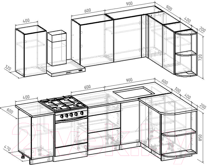 Готовая кухня Интермебель Микс Топ-11 1.9x1.5м правая