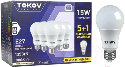 Набор ламп Tokov Electric 15Вт А60 3000К Е27 176-264В / Promo-A60-E27-15-3K (5+1шт)