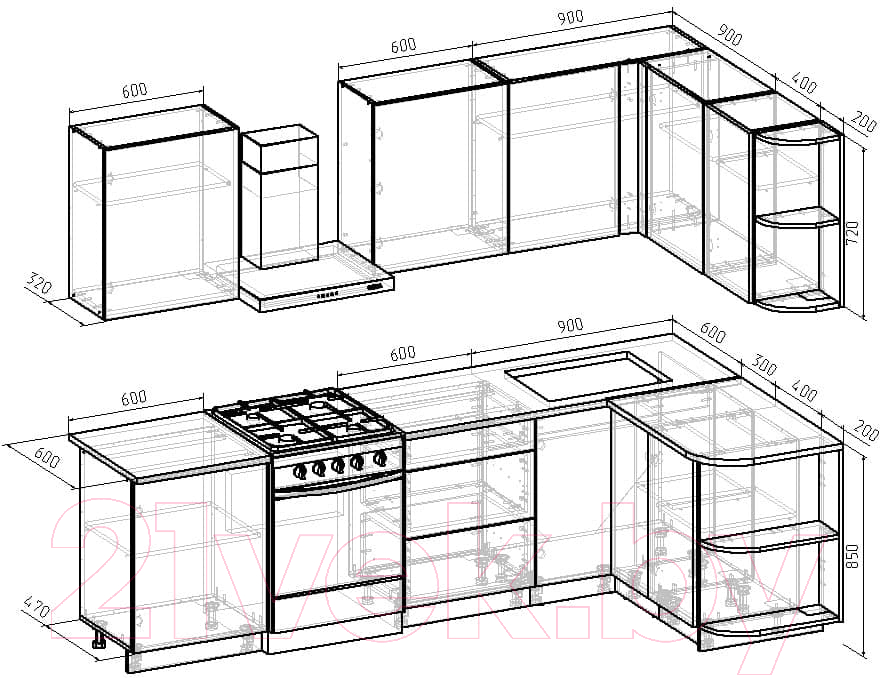 Готовая кухня Интермебель Микс Топ-13 2.1x1.5м правая