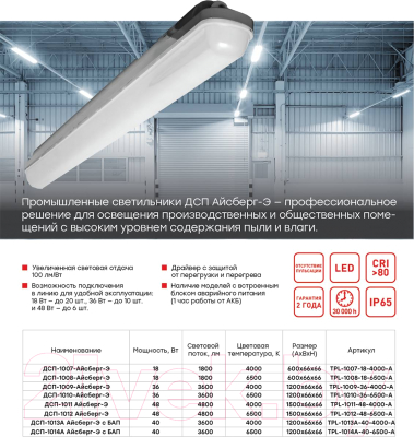 Светильник линейный EKF PROxima ДСП-1009 36Вт 4000К IP65 1200мм / TPL-1009-36-4000-A