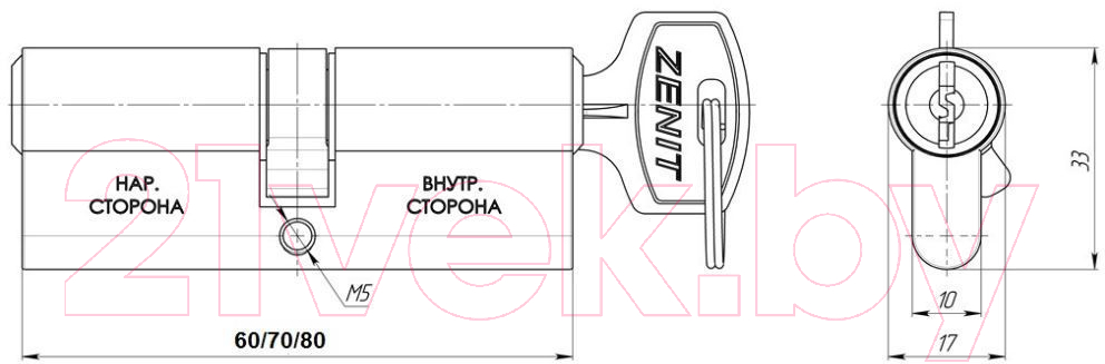 Цилиндровый механизм замка Зенит МЦ 1-5-70 BL (черный) — фото 2