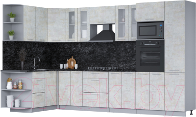 Кухонный гарнитур Интерлиния Мила 1.68х3.4 левая (бетон лайт/бетон лайт/кастилло темный)