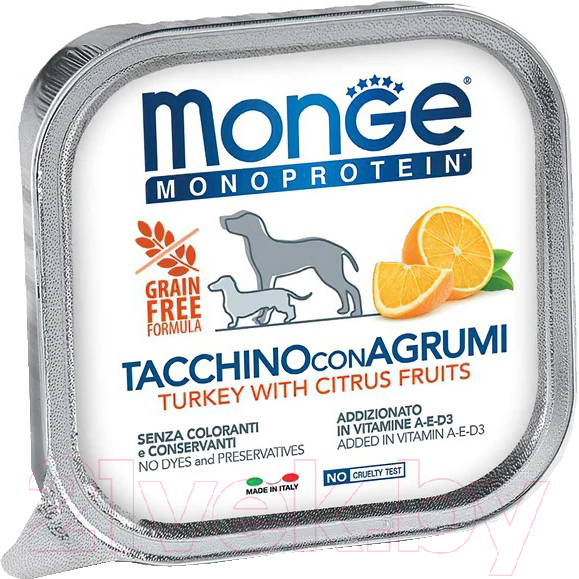 Влажный корм для собак Monge Natural Monoprotein Fruits паштет из индейки с цитрус., ламистер (150г)