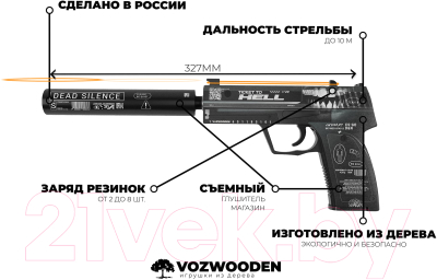 Пистолет игрушечный VozWooden Active USP-S Билет в Ад / 2002-0405