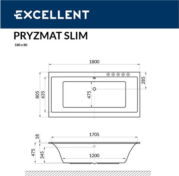 Купить Ванна акриловая Excellent Pryzmat Slim 180x80 в Молодечно