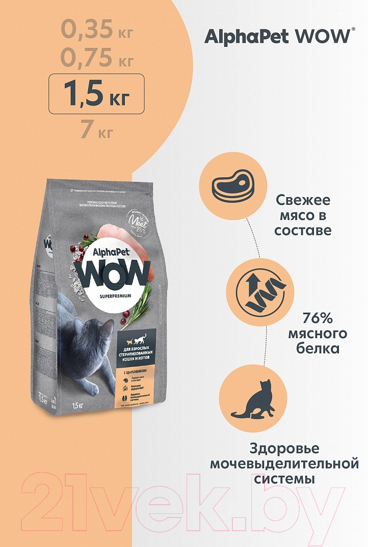 Сухой корм для кошек AlphaPet WOW для взрослых стерилизованных кошек Цыпленок / 110003 (1.5кг) — фото 5