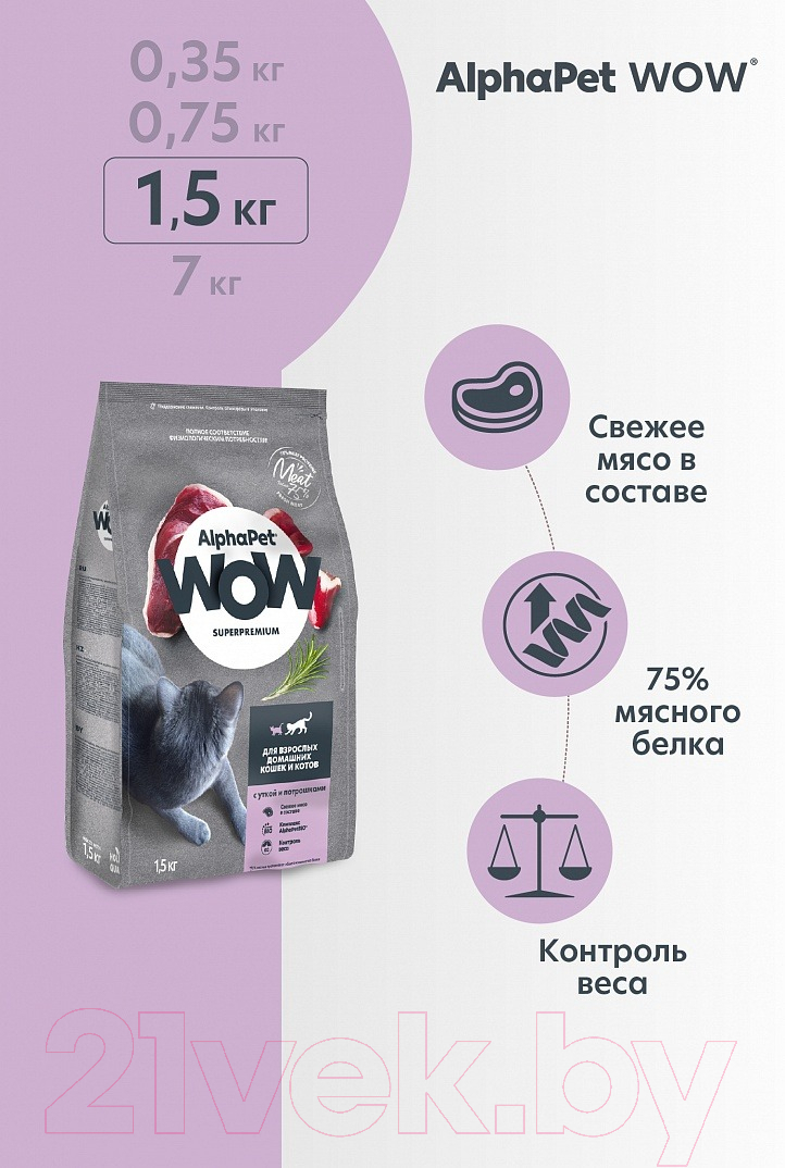 Сухой корм для кошек AlphaPet WOW для взрослых кошек Утка и потроха / 110005 (1.5кг) — фото 5