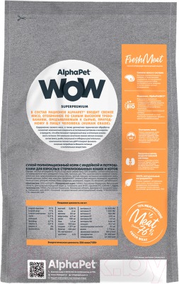 Сухой корм для кошек AlphaPet WOW для взрослых стерилиз. кошек индейка и потроха / 110006 (750г)
