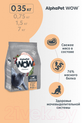 Сухой корм для кошек AlphaPet WOW для взрослых стерилизованных кошек Цыпленок / 110009 (350г)