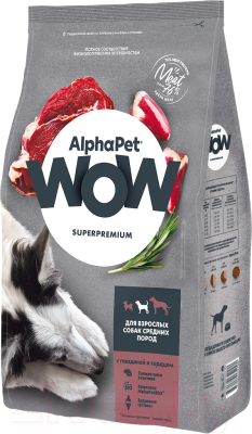 Сухой корм для собак AlphaPet WOW для взрослых средних пород говядина и сердце / 120301 (7кг)
