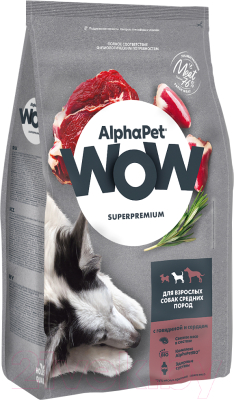 Сухой корм для собак AlphaPet WOW для взрослых средних пород говядина и сердце / 120301 (7кг)