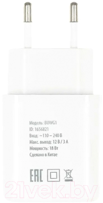 Изображение товара Адаптер питания сетевой Buro BUWG1 18W 3A (QC) USB-A / BUWG18P100WH (белый)