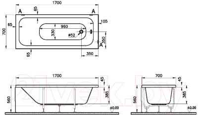 Ванна акриловая VitrA Optimum Neo 170x70 / 64560001000+59996456000