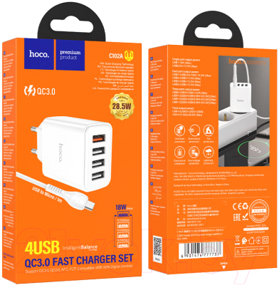 Зарядное устройство сетевое Hoco C102A QC3.0 4xUSB-А 3А + кабель AM-microBM / 6931474777737 (1м, белый)