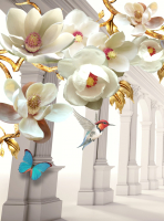 Фотообои листовые ФабрикаФресок 3D Абстракция. Золотые Цветы. Бабочки и Колонны / 1022270 (200x270) - 