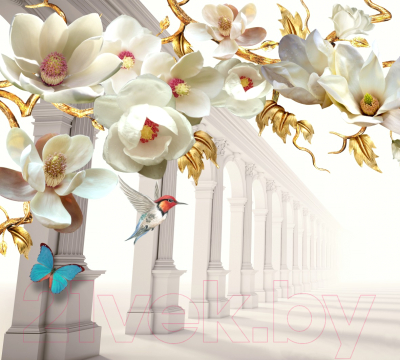 Фотообои листовые ФабрикаФресок 3D Абстракция. Золотые Цветы. Бабочки и Колонны / 1023270 (300x270)
