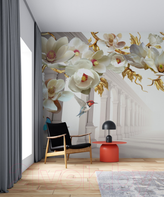 Фотообои листовые ФабрикаФресок 3D Абстракция. Золотые Цветы. Бабочки и Колонны / 1023270 (300x270)