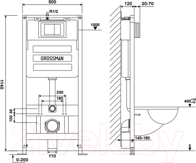 Унитаз подвесной с инсталляцией Grossman GR-4455GLMS+900.K31.01.000+700.K31.02.100.100