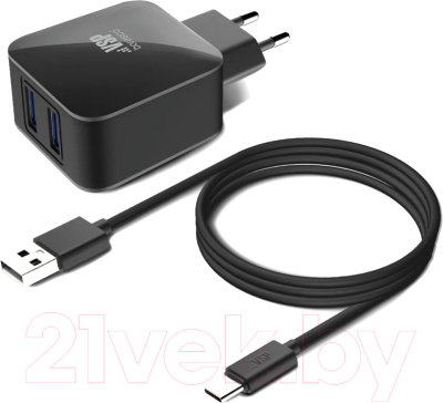 Зарядное устройство сетевое BoraSCO 2 USB 2.1A + Дата-кабель Type-C 2А / 20652