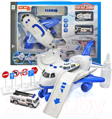 Набор игрушечной техники Sharktoys Полицейский самолет с машинкой, катером и знаками / 1001020