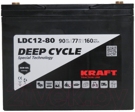 Аккумулятор лодочный KrafT 12V-90Ah C20 L тяговая / LDC12-80