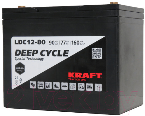 Аккумулятор лодочный KrafT 12V-90Ah C20 L тяговая / LDC12-80