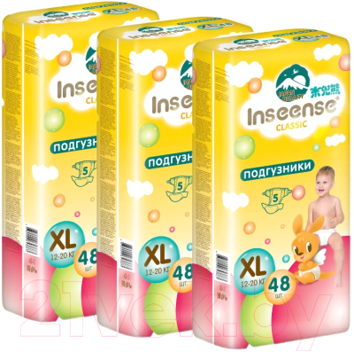 Подгузники детские Inseense Classic XL 12-20 кг / InsCXL48Yel/М3 (3x48шт)