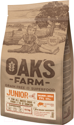 Сухой корм для собак Oak's Farm Беззерновой для щенков всех пород. Лосось и криль (12кг)
