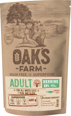 Сухой корм для кошек Oak's Farm Беззерновой для взрослых кошек. Сельдь (400г)
