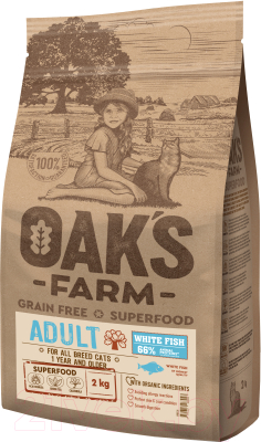 Сухой корм для кошек Oak's Farm Беззерновой для взрослых кошек. Белая рыба (2кг)