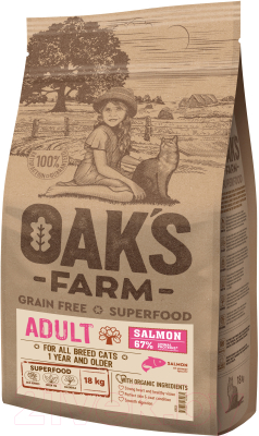 Сухой корм для кошек Oak's Farm Беззерновой для взрослых кошек. Лосось  (18кг)