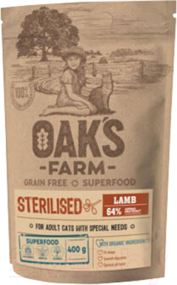 Сухой корм для кошек Oak's Farm Беззерновой для взрослых стерилизованных кошек. Ягненок (400г)