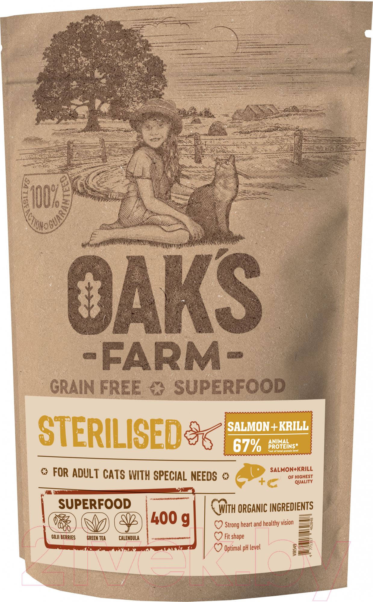 Сухой корм для кошек Oak's Farm Беззерновой для взрослых стерилизованных кошек. Лосось и криль (400г)
