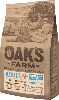 Сухой корм для собак Oak's Farm Беззерновой для взрослых собак всех пород. Белая рыба (12кг)