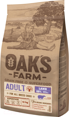 Сухой корм для собак Oak's Farm Беззерновой для взрослых собак всех пород. Ягненок (12кг)