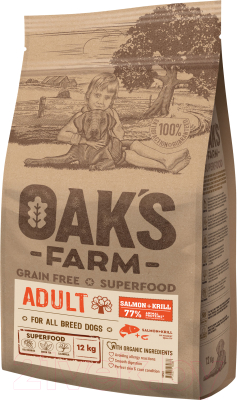Сухой корм для собак Oak's Farm Беззерновой для взрослых собак всех пород. Лосось и криль (12кг)