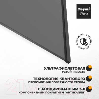 Стеклянная шторка для ванны Teymi Timo S 60x140 / T00272 (тонированное стекло/черный хром)