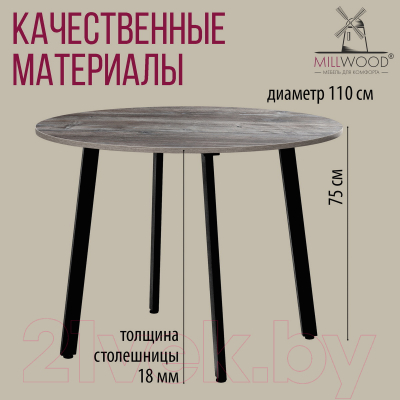 Обеденный стол Millwood Шанхай Л18 D1100 (сосна пасадена/металл черный)