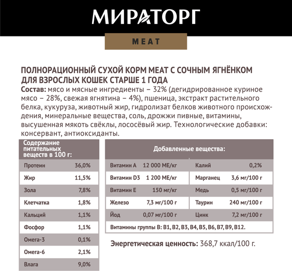 Сухой корм для кошек Мираторг Meat для взрослых старше 1 года с сочным ягненком / 1010026844 (1.5кг)