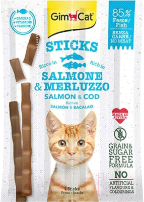 Лакомство для кошек GimCat Лакомые палочки с лососем и треской / 400174 (4шт)