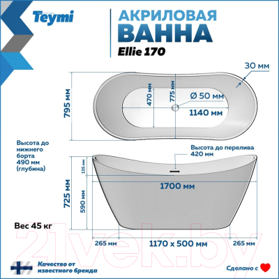 Ванна акриловая Teymi Ellie 170x80x73 / T130118 (черный матовый)