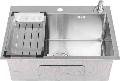 Мойка кухонная со смесителем Saniteco 6045 + Spike F9S07000 (хром, с сифоном, дозатором и коландером)